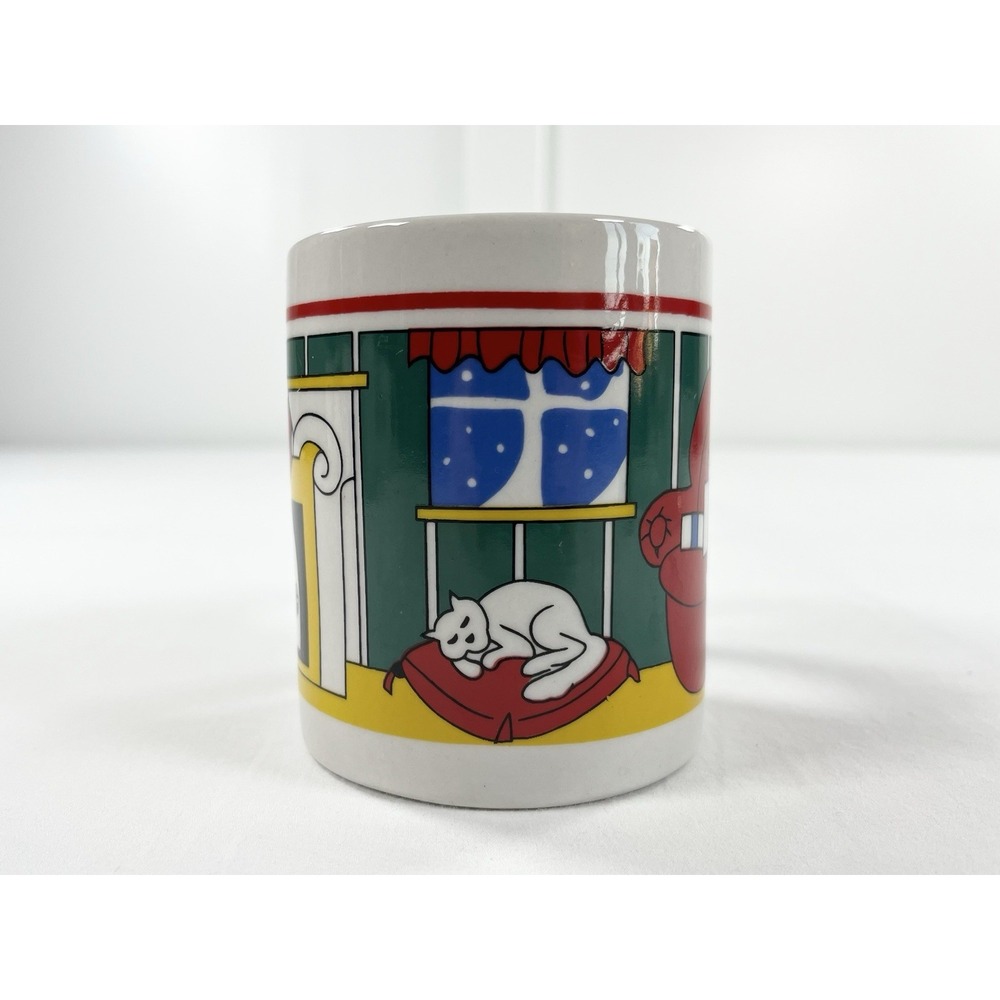 New Vintage 80s Christmas‎ Scene Cat Fireplace Stocking Snow Retro Holiday Mug